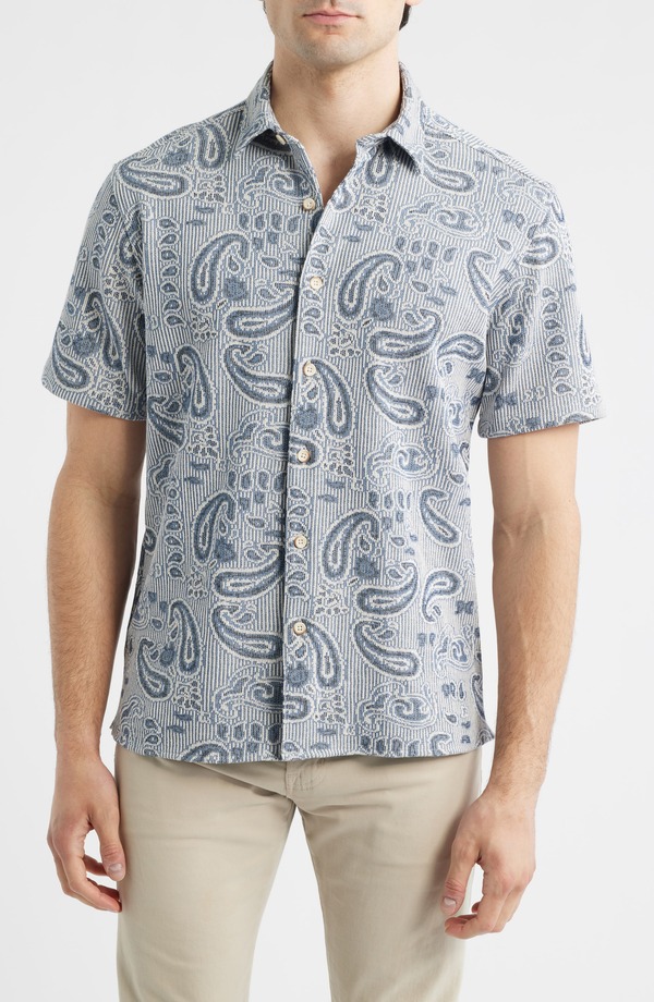 ジョンストンアンドマーフィー メンズ トップス プルオーバー Johnston \u0026 Murphy Linden Textured Short Sleeve Button-Up Shirt Blue Paisley 青色