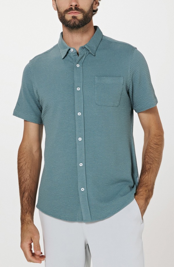 セブンダイヤモンド メンズ トップス シャツ 7 Diamonds Bennet Stripe Seersucker Short Sleeve Button-Up Shirt Stone Blue ブルー