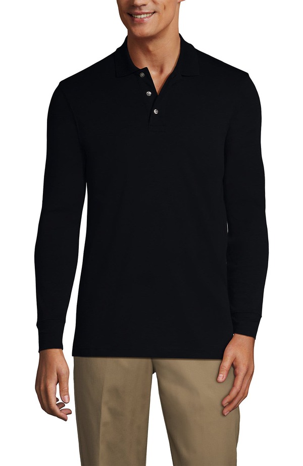 ランズ挙げ句の果て メンズ トップス スポーツシャツ Lands\u0027 End School Uniform Long Sleeve Interlock Polo Shirt Black 黒いこと