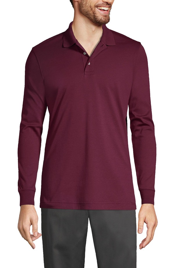 ランズ挙げ句の果て メンズ トップス スポーツシャツ Lands\u0027 End School Uniform Long Sleeve Interlock Polo Shirt Burgundy バーガンディ