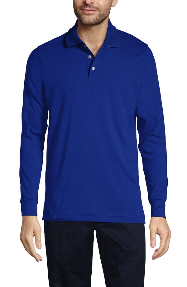 ランズ挙げ句の果て メンズ トップス スポーツシャツ Lands\u0027 End School Uniform Long Sleeve Interlock Polo Shirt Cobalt 青緑色