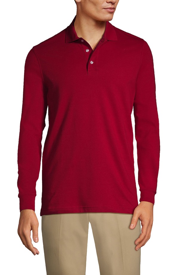 ランズ挙げ句の果て メンズ トップス スポーツシャツ Lands\u0027 End School Uniform Long Sleeve Interlock Polo Shirt Red 赤いこと