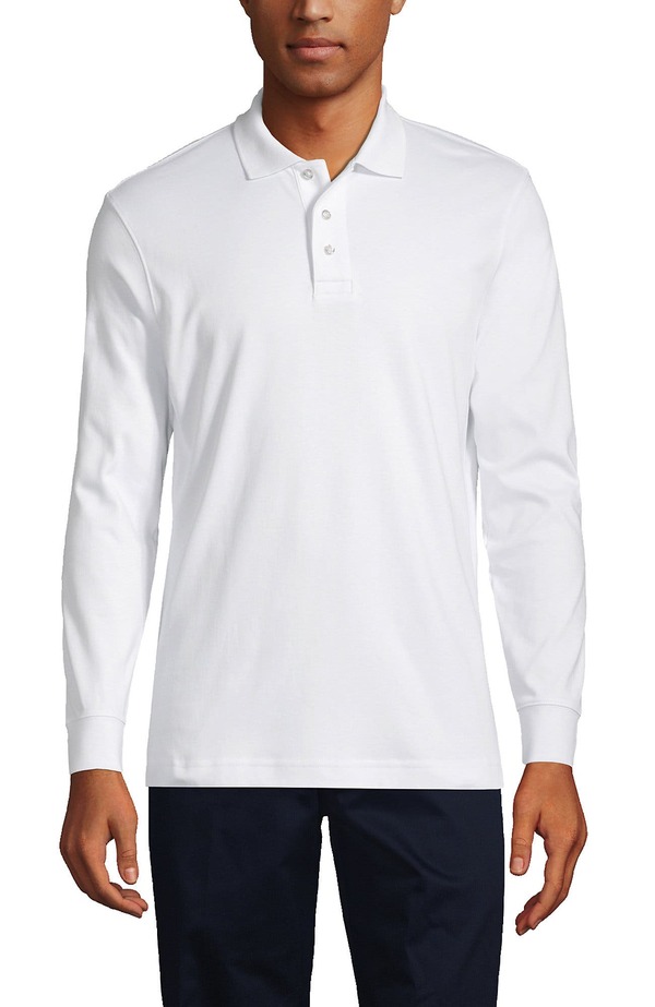 ランズ挙げ句の果て メンズ トップス スポーツシャツ Lands\u0027 End School Uniform Long Sleeve Interlock Polo Shirt White 白いこと