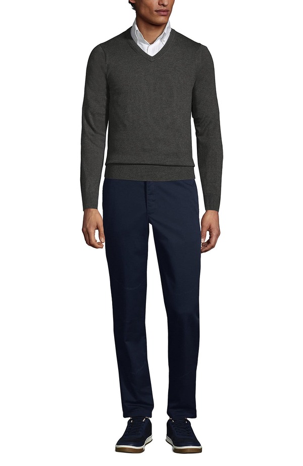 ランズ挙げ句の果て メンズ トップス プルオーバー Vのど首 スウェーター 綿織物 Lands\u0027 End School Uniform Cotton Modal Fine Gauge V-neck Sweater Coal Heather ギョリュウモドキ