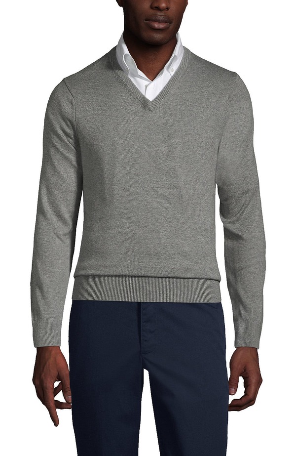 ランズ挙げ句の果て メンズ トップス プルオーバー Vのど首 スウェーター 綿織物 Lands\u0027 End School Uniform Cotton Modal Fine Gauge V-neck Sweater Pewter Heather ギョリュウモドキ