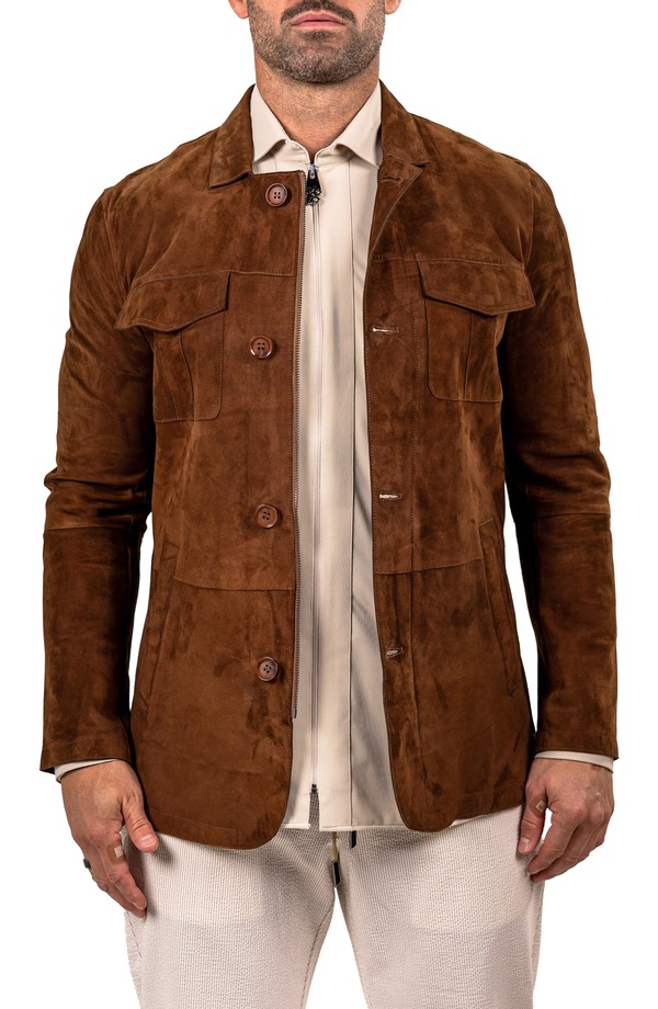 マセオ メンズ アウター 上衣・上衣 か細い填まる スエードクロス Maceoo Slim Fit Lambskin Suede Jacket Brown 赤銅色
