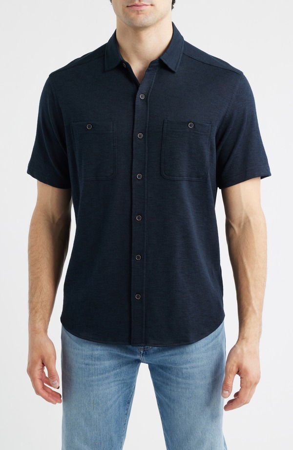 ジョンストンアンドマーフィー メンズ トップス プルオーバー 編み物 Johnston \u0026 Murphy Riley Knit Short Sleeve Button-Up Shirt Navy 米国海軍
