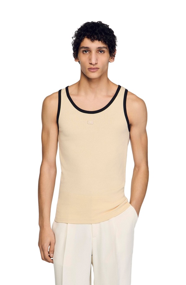 沙子ロ メンズ トップス プルオーバー 限りない 綿織物 SANDRO Cotton vestop with patch Sand 沙子