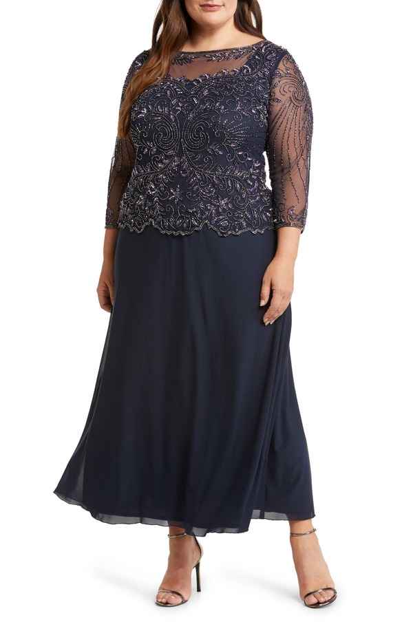 ピサッロナイツ レディース トップス ワンピース メッシュ Pisarro Nights Beaded Mesh Mock Two-Piece Gownavy 410 ネイビー|ReVida 店