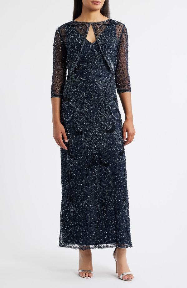 ピサッロナイツ レディース トップス ワンピース メッシュ スパンコール ジャケット Pisarro Nights Beaded Sequin Embellished Mesh Column Gown with Jacket Navy ネイビー|ReVida 店