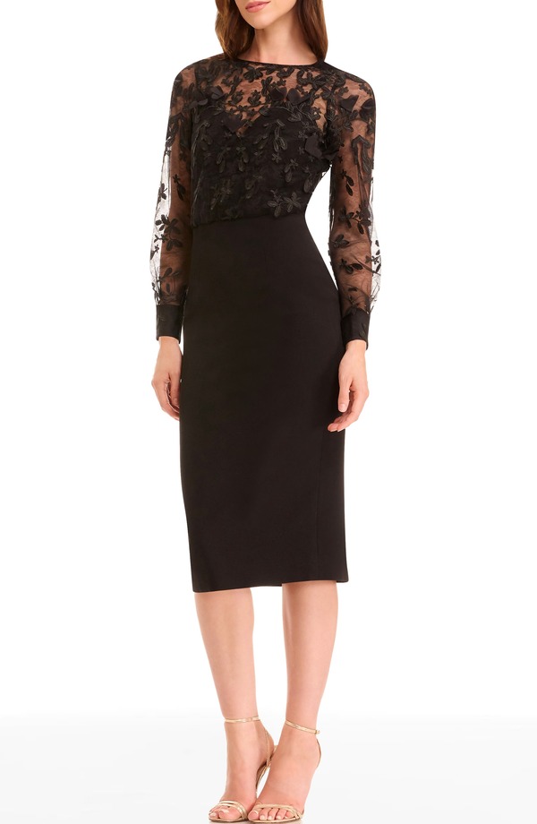 ドレスザポプレーション レディース トップス ワンピース Dress the Population Pilar Mixed Media Long Sleeve Cocktail Sheath Dress Black ブラック