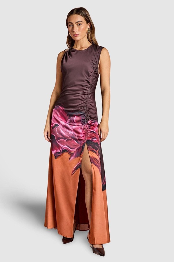 コースト レディース トップス ワンピース プリント ギャザー ミディ サテン Coast Ruched Print Satin Midi Dress Orange オレンジ｜ReVida 店 47,280円