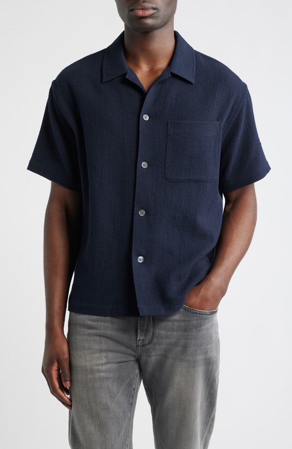 フレーム メンズ トップス シャツ コットン FRAME Open Weave Short Sleeve Cotton Blend Button-Up Shirt Dark Navy ネイビー|ReVida 店