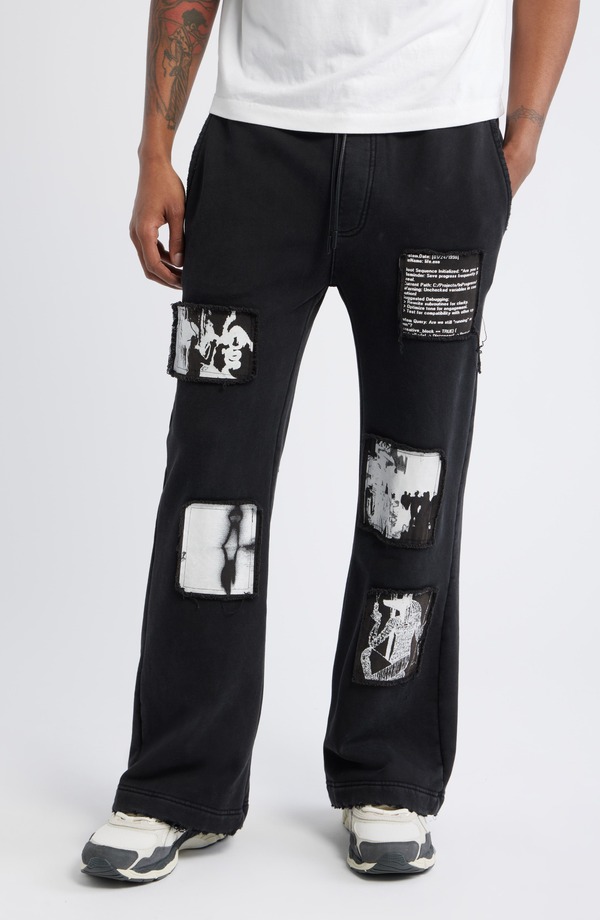 アールティーエー メンズ ボトムス カジュアルパンツ ワイドレッグ ヴィンテージ スウェットパンツ RtA Griffin Vintage Black Wash Wide Leg Sweatpants Vintage Black Digital Patch ブラック|ReVida 店