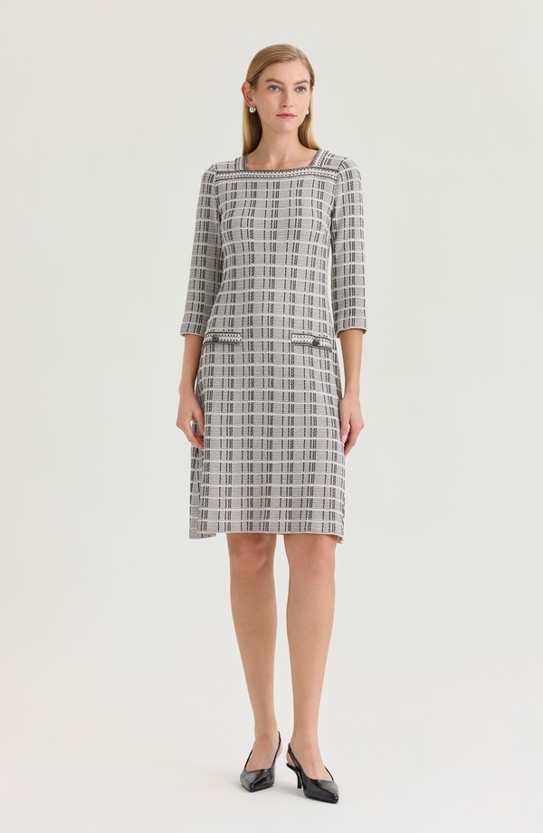ミンウォン レディース トップス ワンピース A ライン ツイード コントラスト ニット Ming Wang A-Line Contrastitch Tweed Knit Dress Limestone/Black/White ホワイト