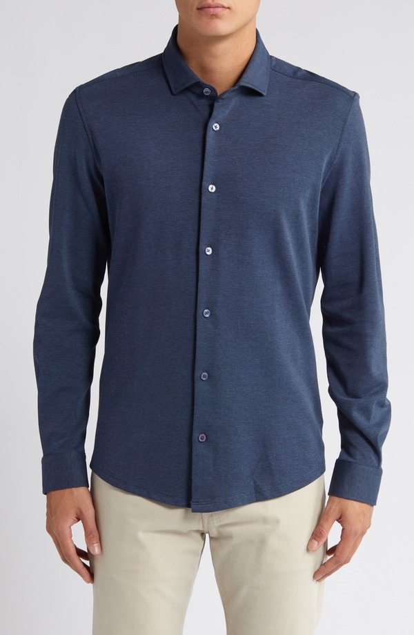 石ころさくら色 メンズ トップス プルオーバー Stone Rose Solid Performance Piqu Button-Up Shirt Navy 米国海軍