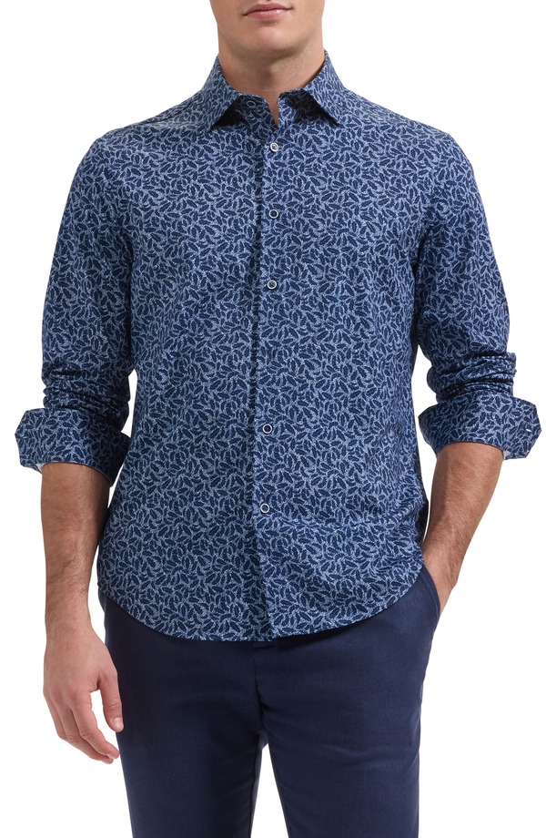 ブガッチ メンズ トップス プルオーバー 刷り上げる 綿織物 Bugatchi James OoohCotton Leaf Print Button-Up Shirt Navy 米国海軍