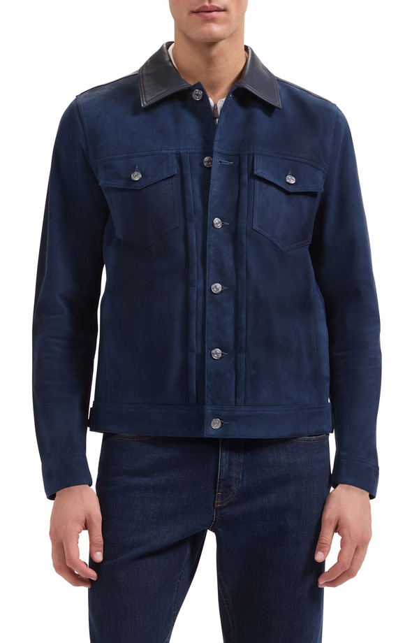 ブガッチ メンズ アウター ジャケット・ブルゾン レザー Bugatchi Hybrid Leather Trucker Jacket Navy ネイビー｜ReVida 店