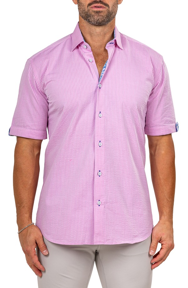 マセオ メンズ トップス プルオーバー 綿織物 Maceoo Galileo Marthy Short Sleeve Cotton Button-Up Shirt Pink さくら色