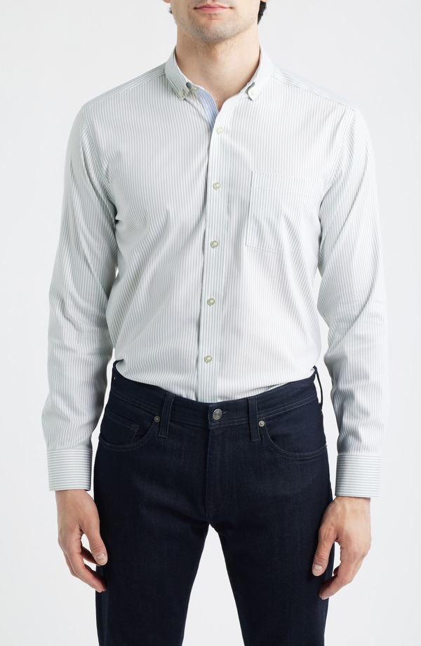 ジョンストンアンドマーフィー メンズ トップス プルオーバー 綿織物 Johnston \u0026 Murphy Ovation Stripe Non-Iron Stretch Cotton Button-Up Shirt Green Striped Oxford 緑であること
