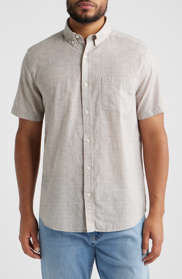 ジョンストンアンドマーフィー メンズ トップス プルオーバー 刷り上げる 綿織物 落ちこむ Johnston \u0026 Murphy Hampton Geo Print Short Sleeve Stretch Cotton Button-Down Shirtan Desertile タン