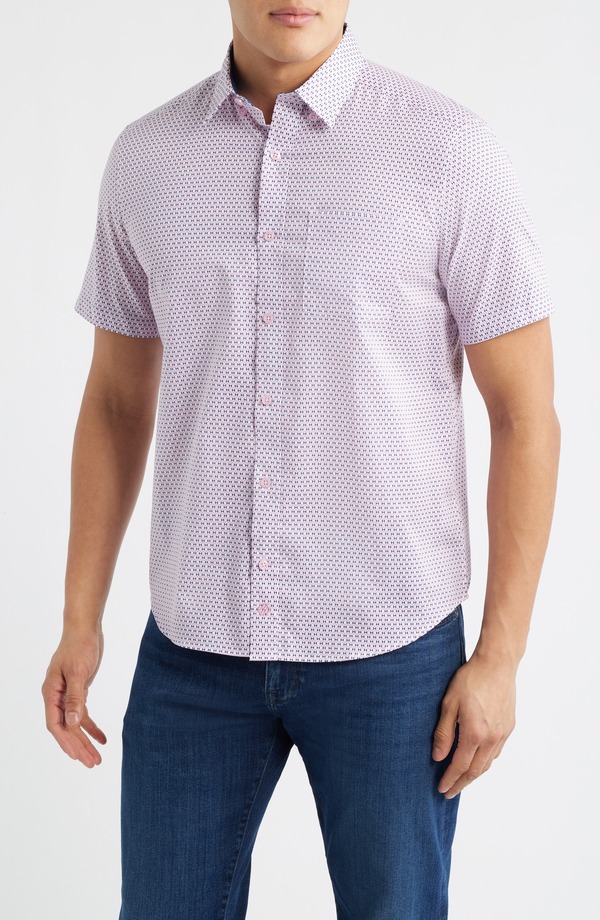 ジョンストンアンドマーフィー メンズ トップス プルオーバー 刷り上げる 綿織物 Johnston \u0026 Murphy Logan Microprint Short Sleeve Cotton Blend Button-Up Shirt Pink / Navy Bowtie 米国海軍