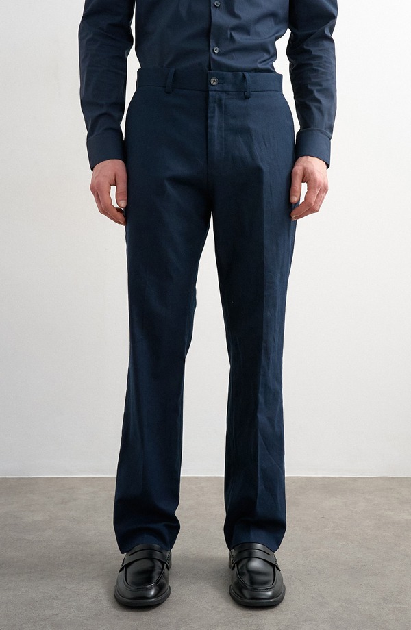 とっ始めマン メンズ ボトムス 心地好いズボン下 引っ切り無い リネン Topman Linen Blend Straight Leg Pants Navy 米国海軍