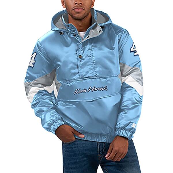クランク メンズ アウター 上衣・上衣 繻子 パーカー Men\u0027starter Light Blue Kevin Harvick Home Team Satin Half-Zip Hoodie Jacket Light Blue 青色