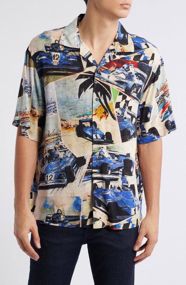 フューゴ メンズ トップス プルオーバー 刷り上げる HUGO Espino Race Car Print Camp Shirt Open Blue 青味