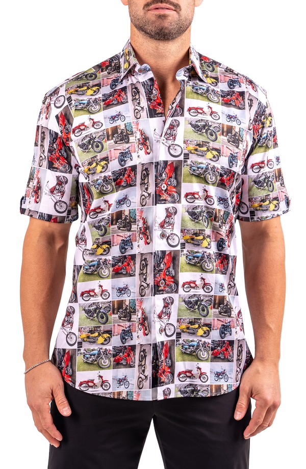 マセオ メンズ トップス シャツ プリント コットン Maceoo Galileo Resistance0340 White Motorcycle Print Short Sleeve Cotton Button-Up Shirt White ホワイト 21,815円