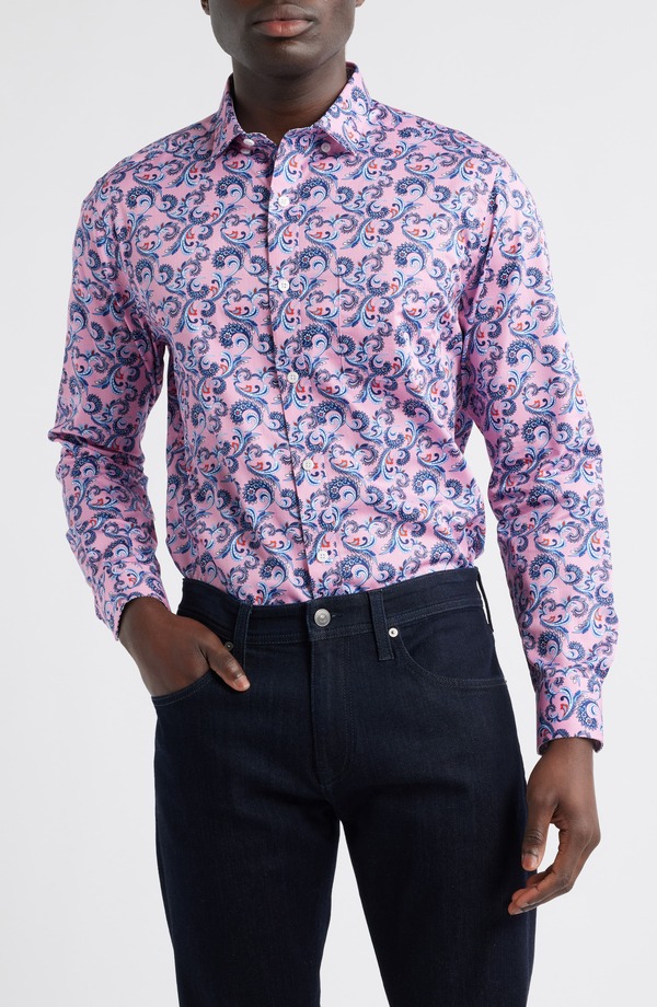 ジョンストンアンドマーフィー メンズ トップス プルオーバー 刷り上げる 綿織物 Johnston \u0026 Murphy Paisley Print Cotton Button-Up Shirt Pink サクラ色