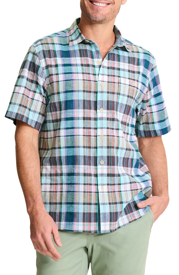トッミーバハマ メンズ トップス プルオーバー リネン Tommy Bahama Barbados Breeze Tavira Check Short Sleeve Stretch Linen Blend Button-Up Shirt Rococo Blue 青味