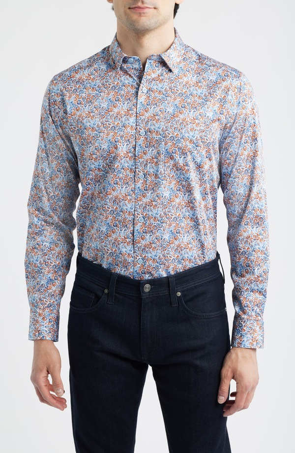 ジョンストンアンドマーフィー メンズ トップス プルオーバー 刷り上げる Johnston \u0026 Murphy Logan Print Button-Up Shirt Orange/ Navy Paisley 米国海軍