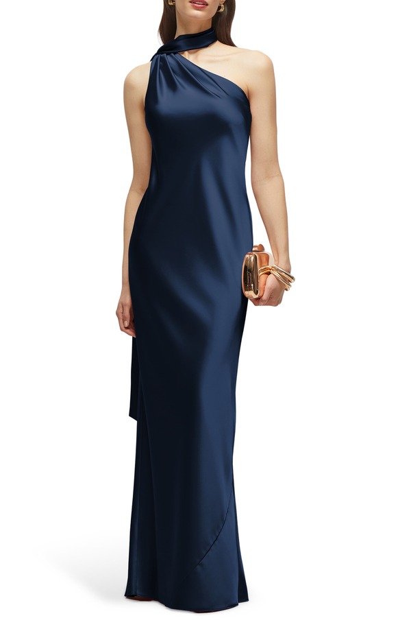 アフターシックス レディース トップス ワンピース ワンショルダー サテン After Six Scarf Detail One-Shoulder Satin Charmeuse Column Gown Midnight|ReVida 店