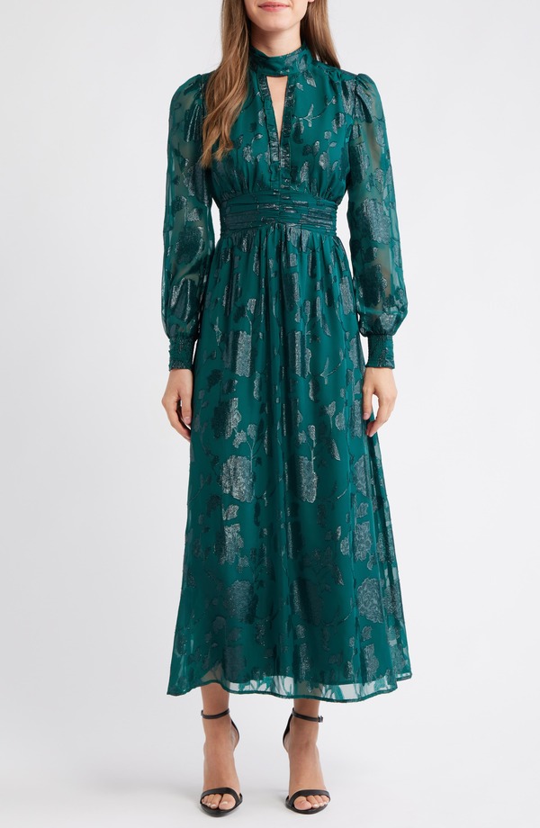 アンクライン レディース トップス ワンピース ギャザー トール マキシ Anne Klein Metallic Ruched Long Sleeve Maxi Dress Midnight Pine メタリック｜ReVida 店