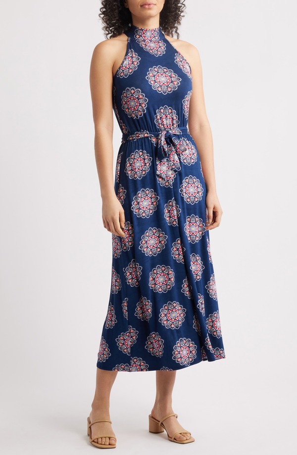 ラブアペラ レディース トップス ワンピース プリント ミディ ニット ホルター Loveappella Printed Tie Waist Halter Knit Midi Dress Navy ネイビー｜ReVida 店