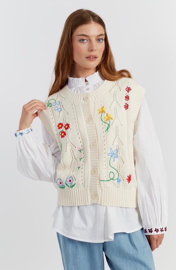 チンティアンドパーカー レディース アウター ベスト フラワー柄 コットン 刺繍 フラワー Chinti & Parker Hand-Embroidered Floral Cotton Tank Top Cream クリーム