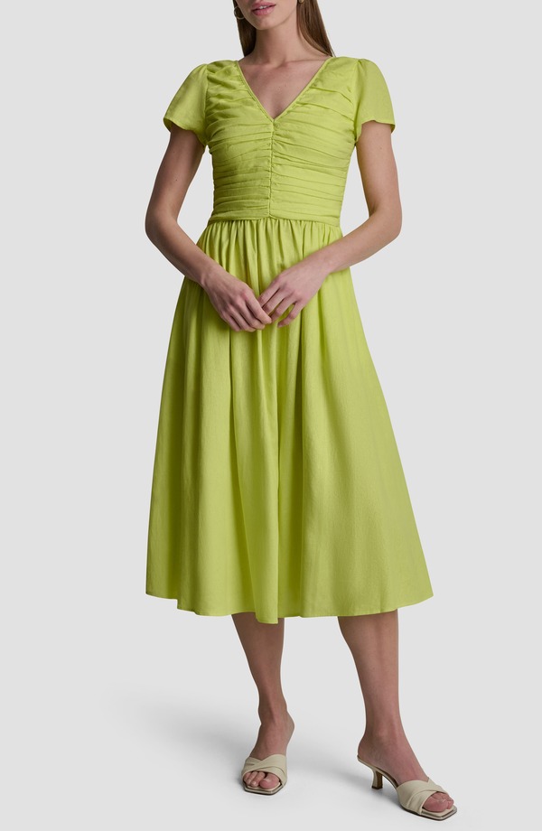 ダナ キャラン ニューヨーク レディース トップス ワンピース ギャザー ミディ リネン DKNY Ruched Bodice Linen Blend Midi Dress Limeade