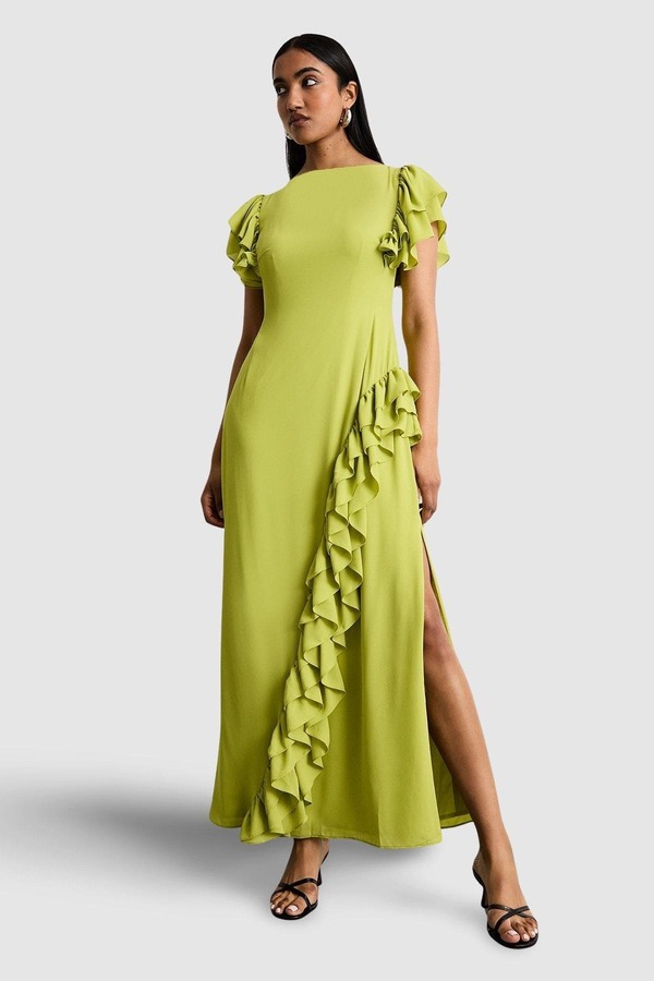 ウエアハウス レディース トップス ワンピース フリル マキシ Warehouse Side Split Ruffle Detail Maxi Dress Lime ライム