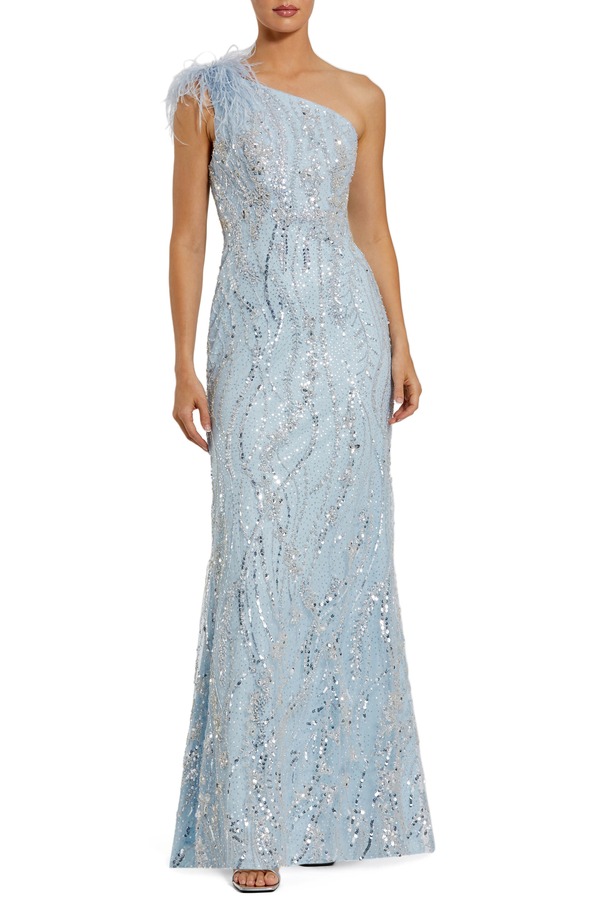 マックダガル レディース トップス ワンピース 刺繍 Mac Duggal Feathered One Shoulder Embroidered Applique Gown Powder Blue ブルー