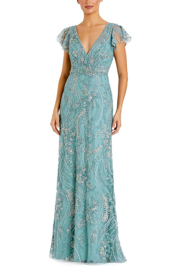 マックダガル レディース トップス ワンピース Vネック フラワー柄 刺繍 フラワー Mac Duggal V Neck Flutter Sleeve Floral Embroidered Gown Seafoam