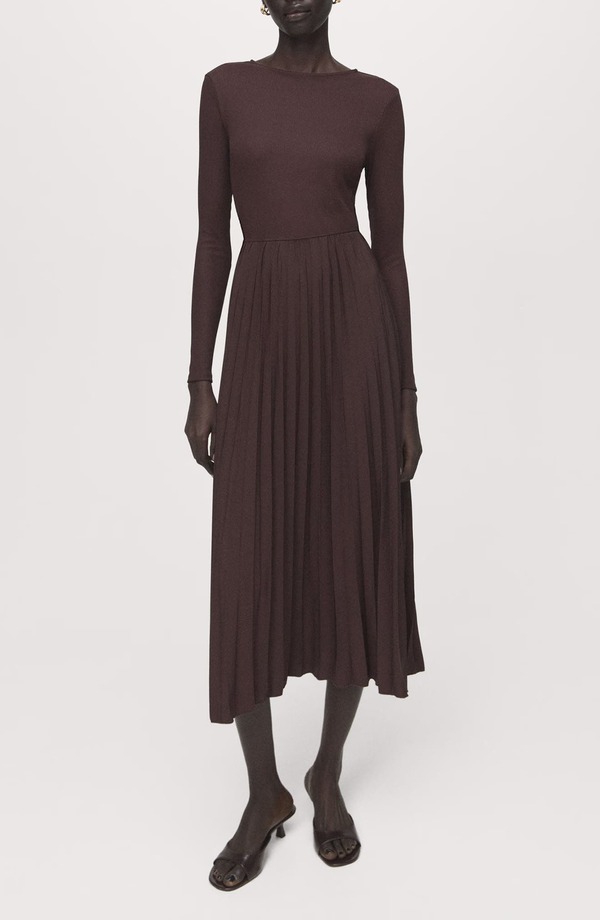 マンゴ レディース トップス ワンピース プリーツ ミディ MANGO Long Sleeve Pleated Midi Dress Chocolate チョコレート|ReVida 店