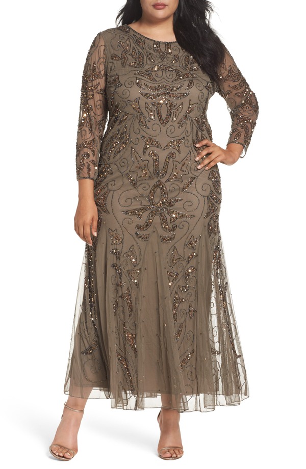 ピサッロナイツ レディース トップス ワンピース Pisarro Nights Embellished Three Quarter Sleeve Gown Mocha モカ