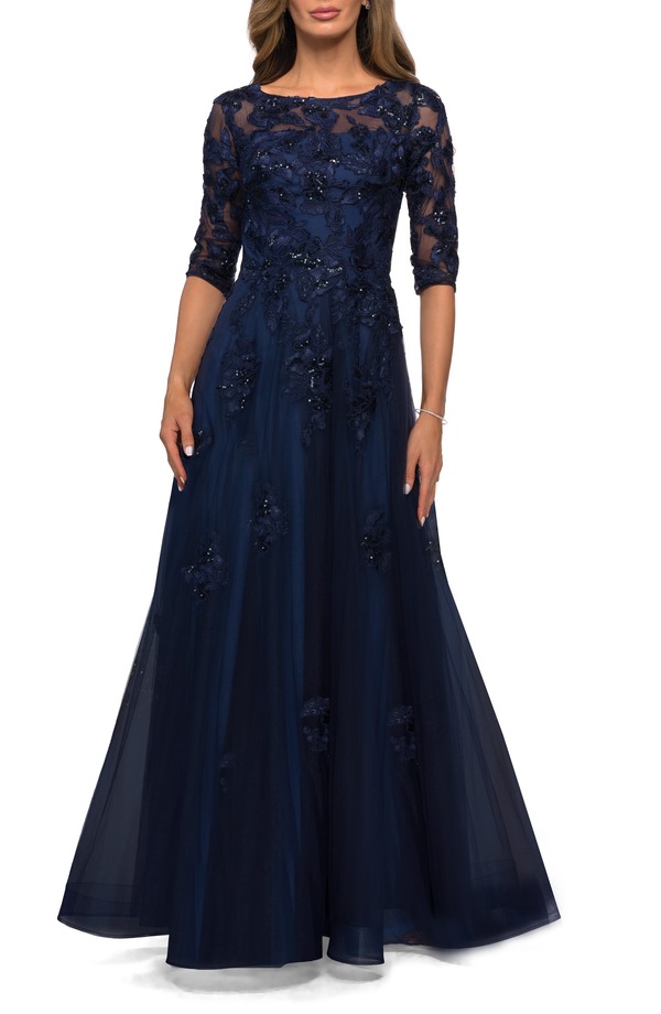 ラフェム レディース トップス ワンピース A ライン フラワー柄 フラワー La Femme Three Quarter Sleeve A-line Gown with Floral Embellishments Navy ネイビー 71,390円