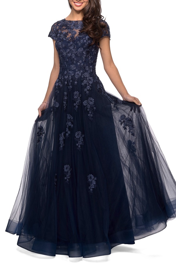 ラフェム レディース トップス ワンピース チュール レース La Femme Long Tulle Gown with Intricate Lace Detailing Navy ネイビー