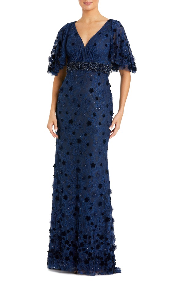 マックダガル レディース トップス ワンピース フラワー柄 フラワー Mac Duggal Embellished Floral Short Sleeve Gown Midnight