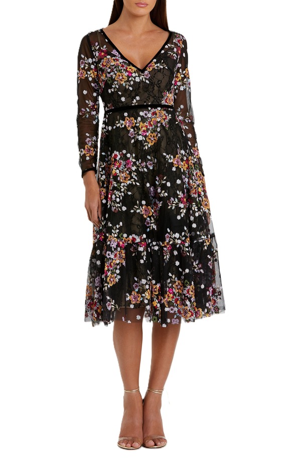 マックダガル レディース トップス ワンピース フラワー柄 刺繍 フラワー Mac Duggal Black Floral Embroidered Tea Length Dress Black Multi ブラック