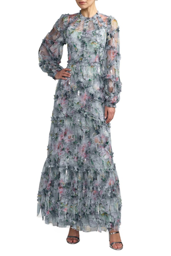 マックダガル レディース トップス ワンピース ハイネック フラワー柄 フリル フラワー Mac Duggal Floralong Sleeve High Neck Ruffle Detail Gown Platinumulti マルチカラー