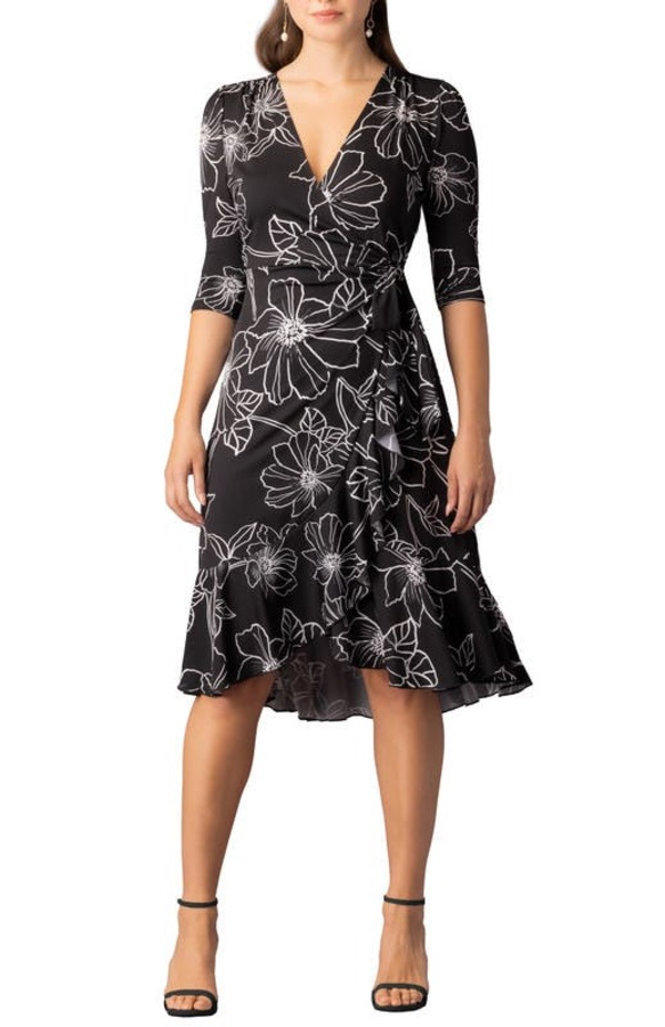 キヨナ レディース トップス ワンピース ミディ Kiyonna Flirty Flounce Midi Wrap Dress with 3/4 Sleeves Black Florals ブラック