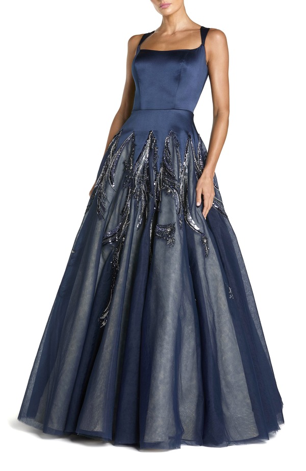 マックダガル レディース トップス ワンピース チュール サテン スカート Mac Duggal Embellished Satin Ball Gown With Tulle Skirt Midnight